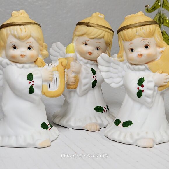Vtg Trio of 3 Praying Angels Wings Holly Porcelain Harp Candle Star Taiwan 4”H - Picture 6 of 9